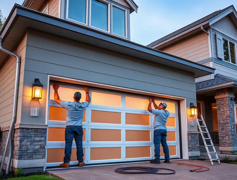 New Door Installation service - professional technician working on garage door